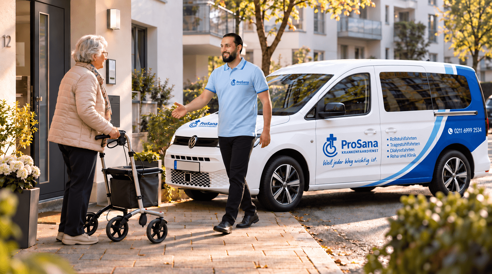 Nur begrüßt eine ältere Dame mit Rollator vor dem ProSana-Fahrzeug